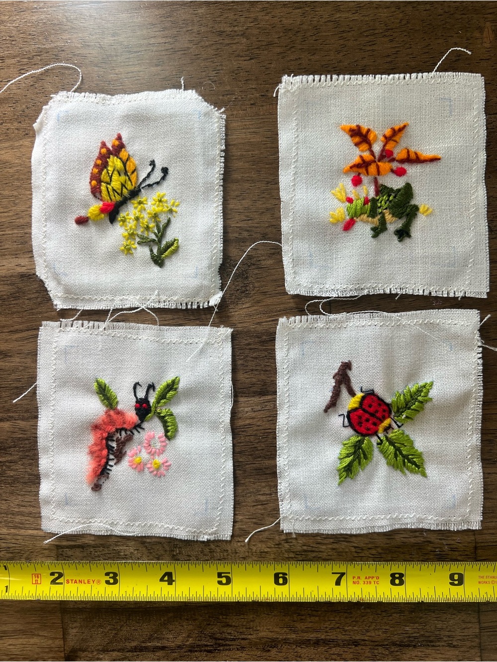 Hand Embroidered Insect Appliqué Squares - Set of 4